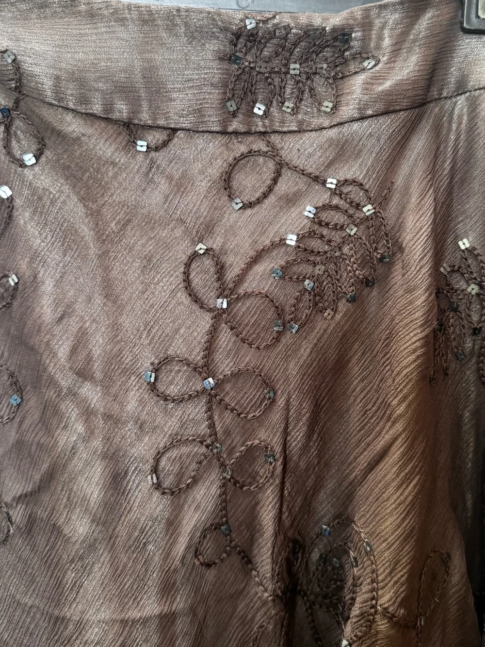 Anne Klein NEW Y2K 100% Silk Sheer Embroidered Sequin Midi Skirt Brown 4 Boho - Picture 8 of 16